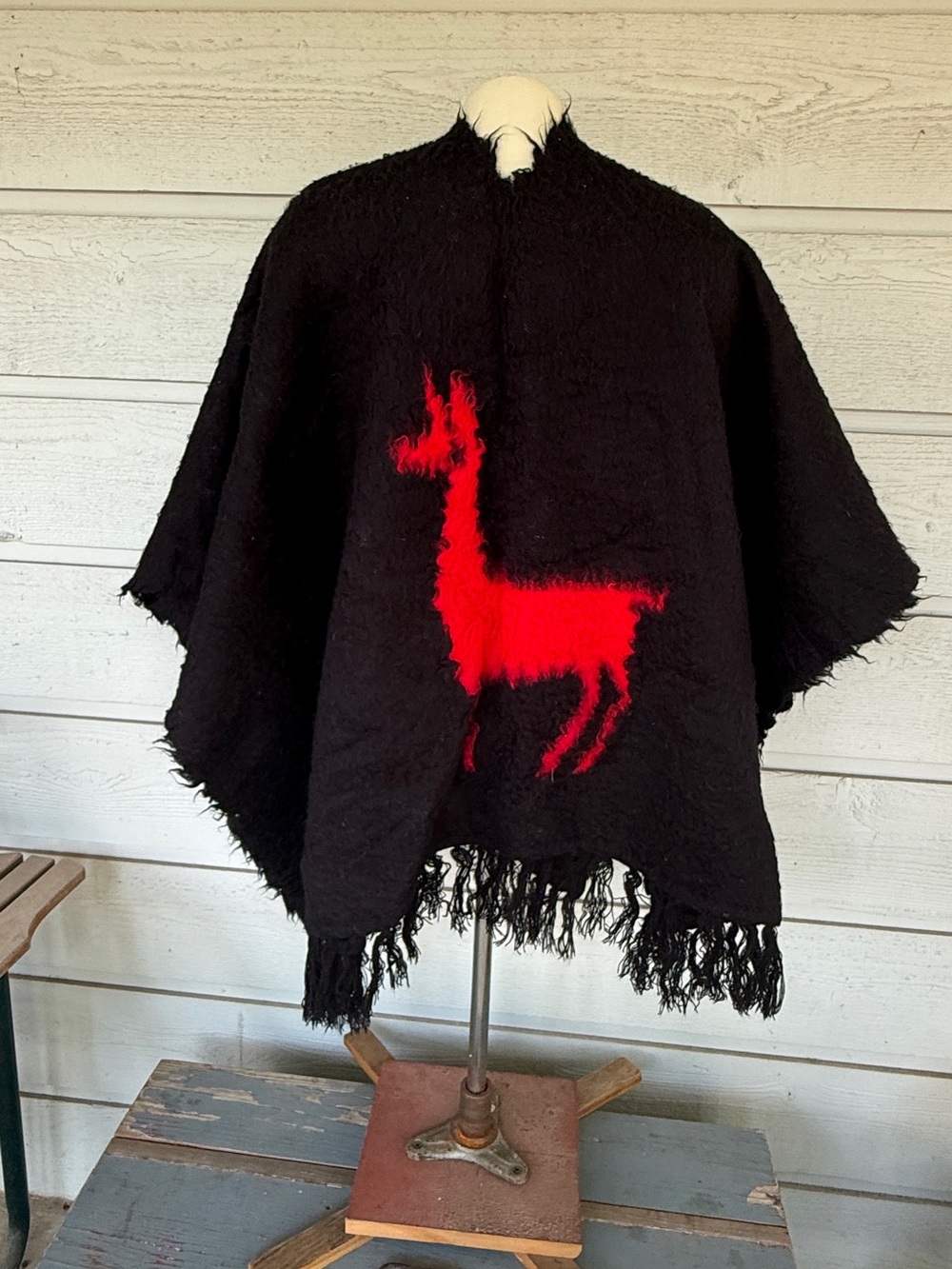 Black Poncho with Red Llama Accent - Home Accents